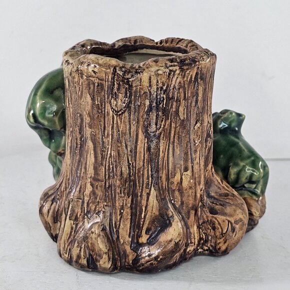 Vintage Majolica Style Bear Tree Trunk Planter Vase Green Brown Glaze - Picture 5 of 9